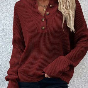 Half Button Ribbed Knit Drop Shoulder Sweater